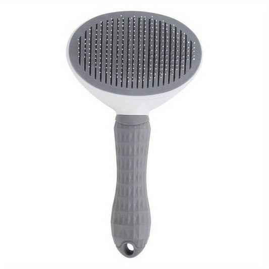 Gray Pet Hair Removal Comb, Stainless Steel Detangling, One-click Hair Removal