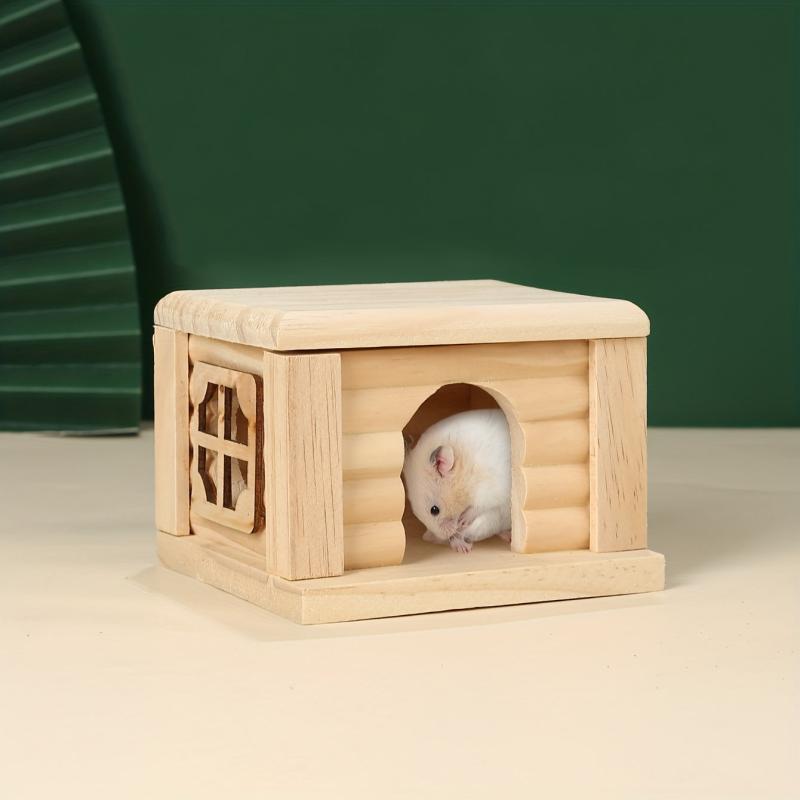 Wooden Cabin Hamster House Small Pets Nests Pet Playing Toy Cage Flat Roof House