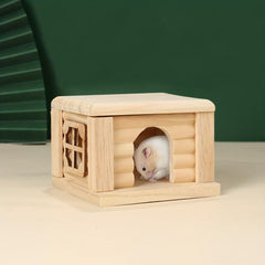 Wooden Cabin Hamster House Small Pets Nests Pet Playing Toy Cage Flat Roof House