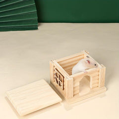 Wooden Cabin Hamster House Small Pets Nests Pet Playing Toy Cage Flat Roof House