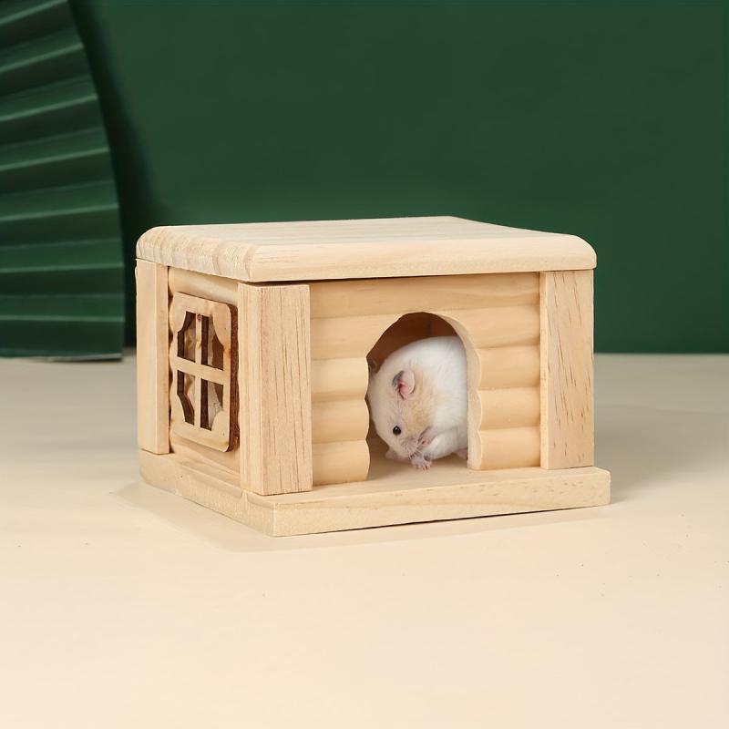 Wooden Cabin Hamster House Small Pets Nests Pet Playing Toy Cage Flat Roof House