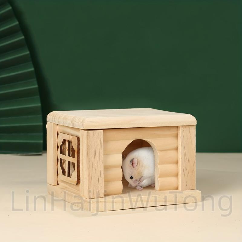 Wooden Cabin Hamster House Small Pets Nests Pet Playing Toy Cage Flat Roof House
