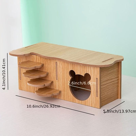 Hamster Hideout Cage Accessories Wooden Hide Hut with Platform for Small Animals