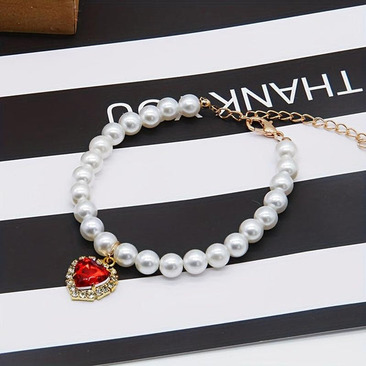 Faux Pearl Pet Necklace Cat Dog Collar Small Animal Heart Pendant Jewelry