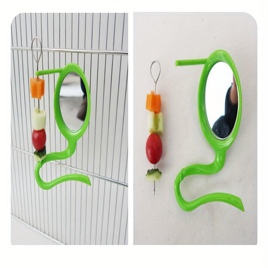 Bird Mirror Stand Stick with Fruit Forks, Functional Perch with Basket