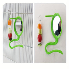 Bird Mirror Stand Stick with Fruit Forks, Functional Perch with Basket