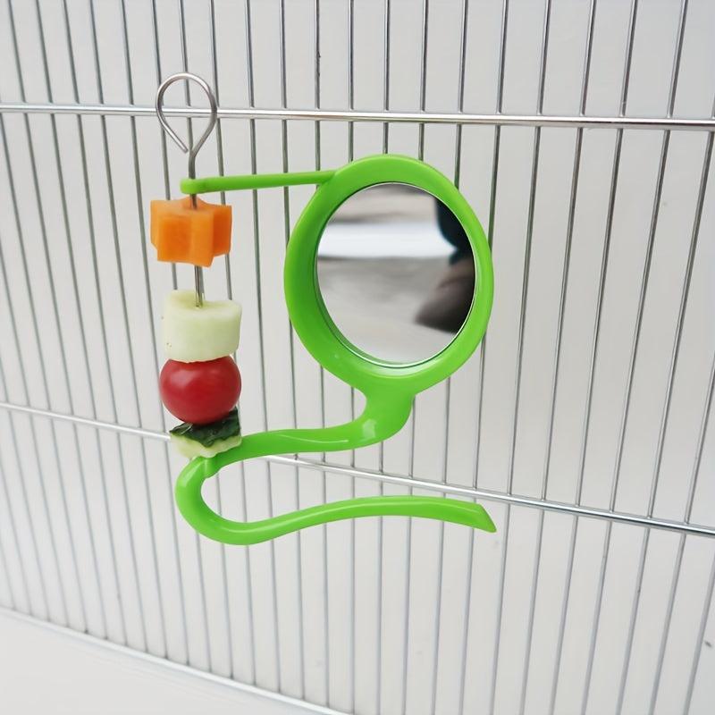 Bird Mirror Stand Stick with Fruit Forks, Functional Perch with Basket