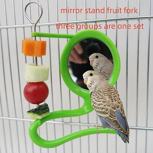 Bird Mirror Stand Stick with Fruit Forks, Functional Perch with Basket