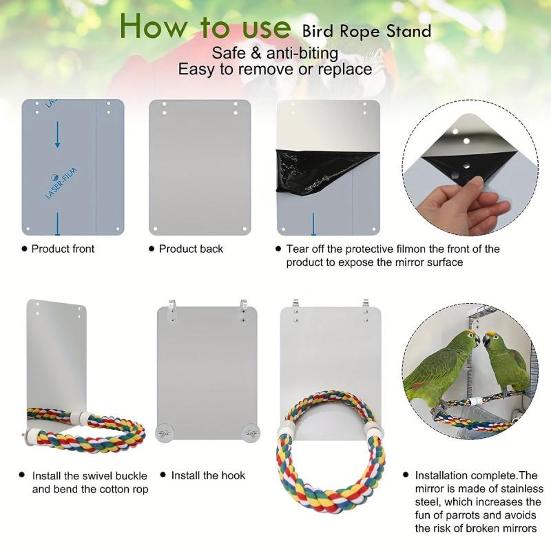 Bird Parrot Toy Acrylic Mirror Colorful Strap Bird Cage Perch