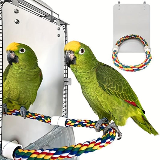 Bird Parrot Toy Acrylic Mirror Colorful Strap Bird Cage Perch