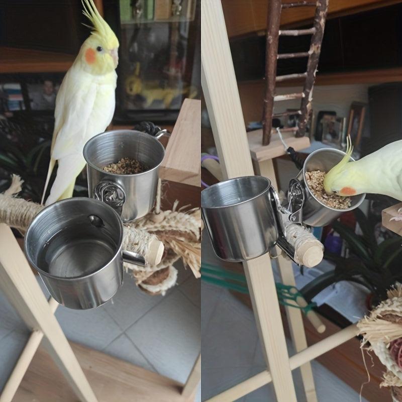 Stainless Steel Double Cups with Clip for Parrot Cage Food and Water