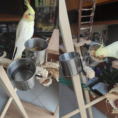 Stainless Steel Double Cups with Clip for Parrot Cage Food and Water
