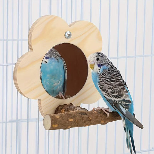 Parrot Wooden Stand w/ Mirror Bird Chew Toys & Grinding Claws Cage Accessories