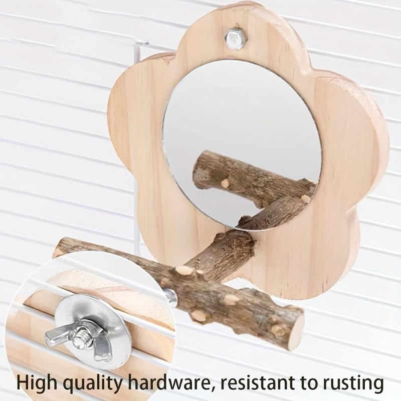 Parrot Wooden Stand w/ Mirror Bird Chew Toys & Grinding Claws Cage Accessories
