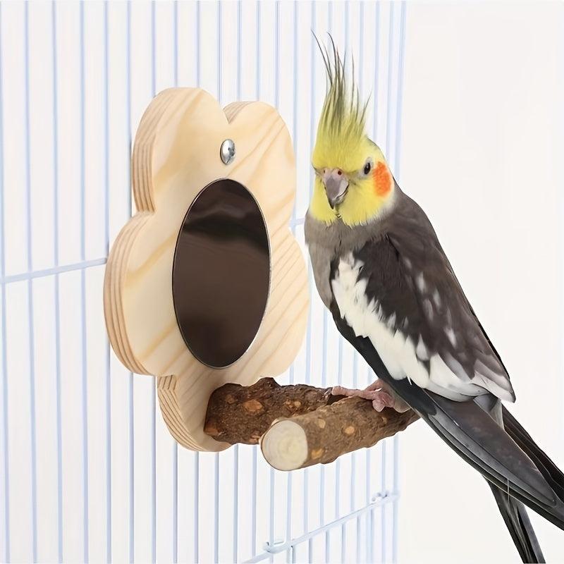 Parrot Wooden Stand w/ Mirror Bird Chew Toys & Grinding Claws Cage Accessories