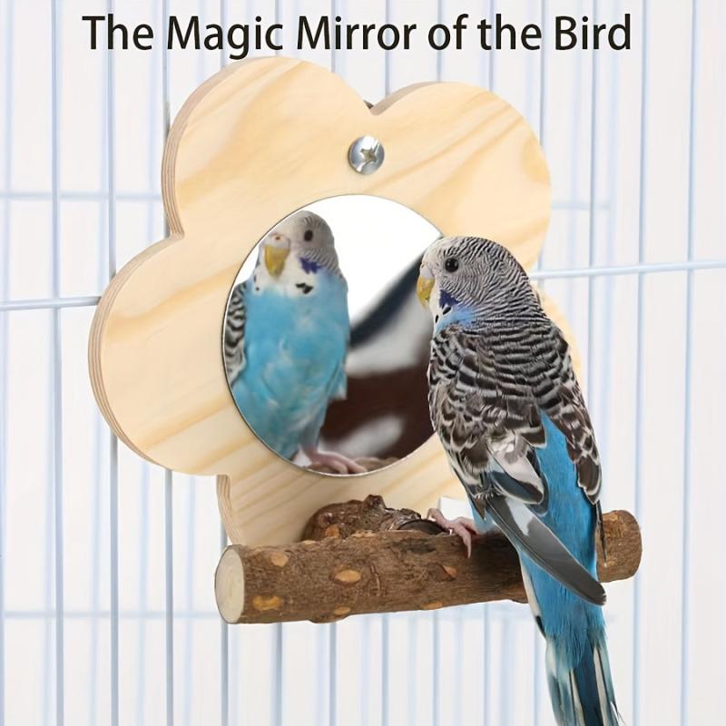 Parrot Wooden Stand w/ Mirror Bird Chew Toys & Grinding Claws Cage Accessories