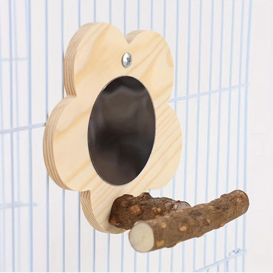 Parrot Wooden Stand w/ Mirror Bird Chew Toys & Grinding Claws Cage Accessories