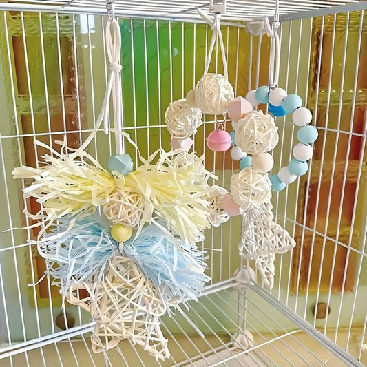 Parrot Toys Pentagram Rattan Ball Paper Colorful Bell Hanging Ring Bird Supplies