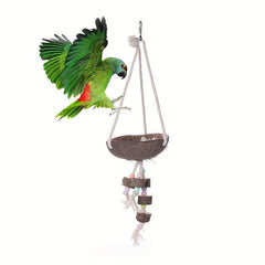 Coconut Bird's Nest Toy with Chewing Wood Block and Perch Swing