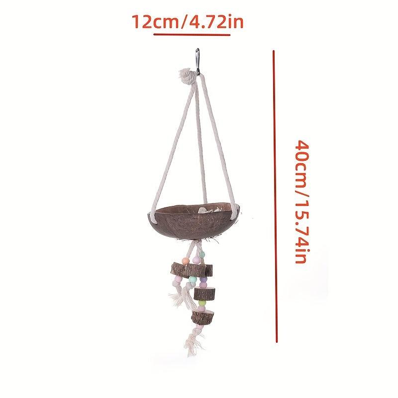 Coconut Bird's Nest Toy with Chewing Wood Block and Perch Swing