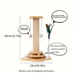 Wood Cat Scratching Post with Hanging Ball & Turntable