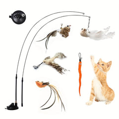 Interactive Cat Teaser Stick with Suction Cup Bell Feather Toy