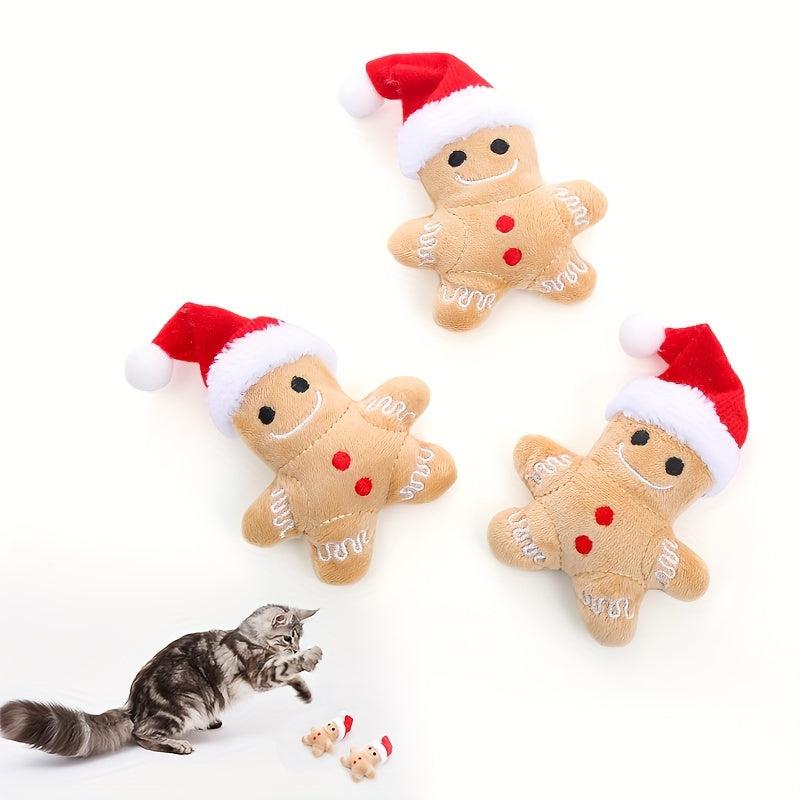 2pcs Christmas Gingerbread Man Cat Teaser Plush Toy