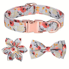 Floral Dog Collar w/ Flower Bowtie for Girl Dogs - Adjustable Metal Buckle