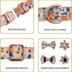 Floral Dog Collar w/ Flower Bowtie for Girl Dogs - Adjustable Metal Buckle
