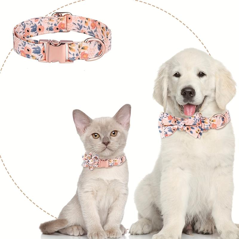 Floral Dog Collar w/ Flower Bowtie for Girl Dogs - Adjustable Metal Buckle