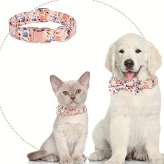 Floral Dog Collar w/ Flower Bowtie for Girl Dogs - Adjustable Metal Buckle