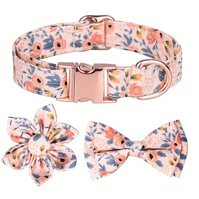 Floral Dog Collar w/ Flower Bowtie for Girl Dogs - Adjustable Metal Buckle