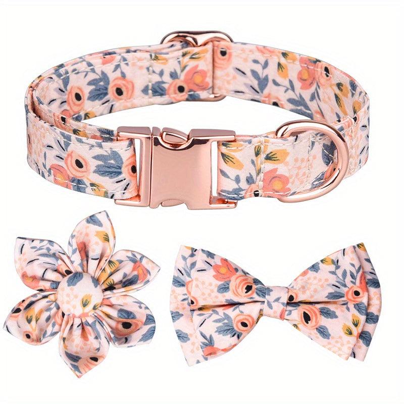 Floral Dog Collar w/ Flower Bowtie for Girl Dogs - Adjustable Metal Buckle