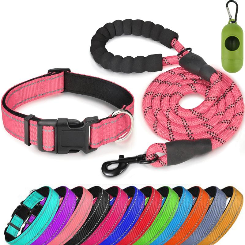 Reflective Pet Leash & Collar Set for Dogs - Adjustable Nylon Collar