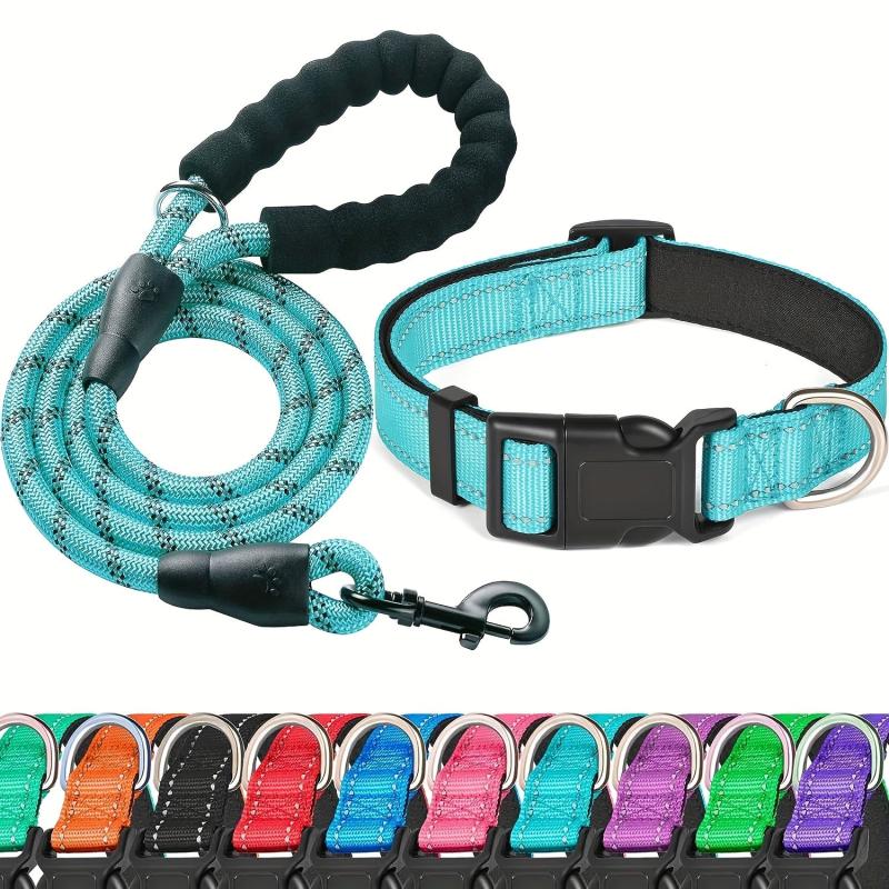Reflective Pet Leash & Collar Set for Dogs - Adjustable Nylon Collar