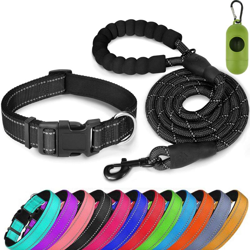 Reflective Pet Leash & Collar Set for Dogs - Adjustable Nylon Collar