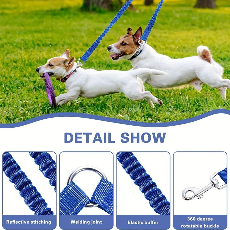 Dual Dog Leash 360 Swivel Rotation No Tangle Splitter Adjustable Length Buckle