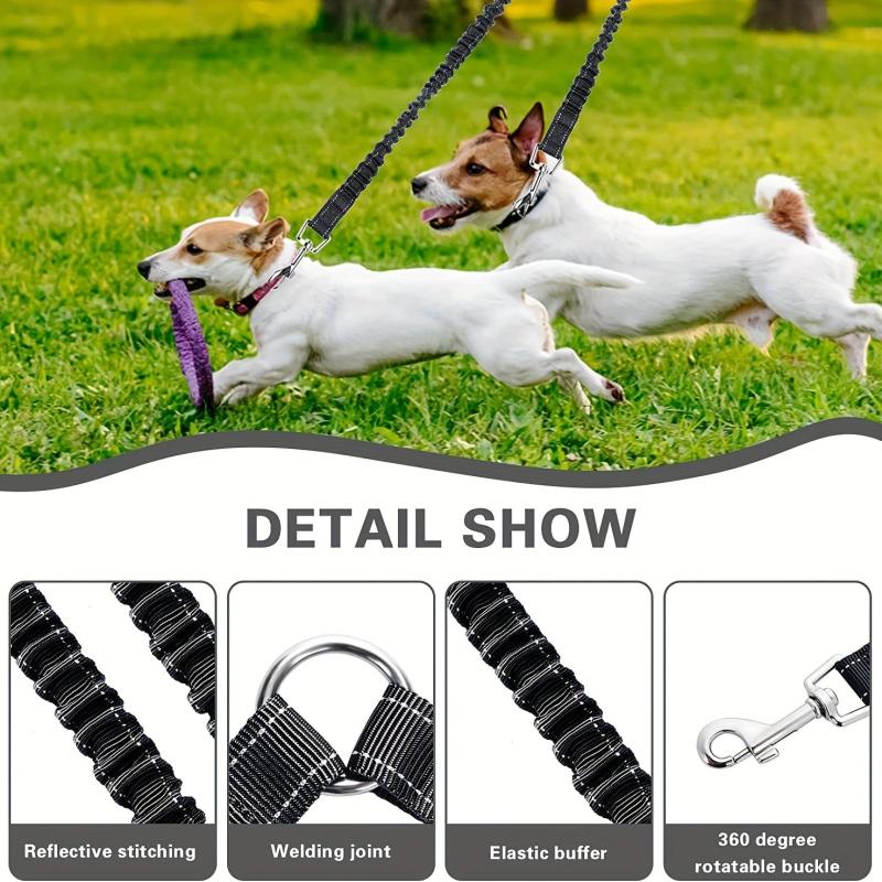 Dual Dog Leash 360 Swivel Rotation No Tangle Splitter Adjustable Length Buckle