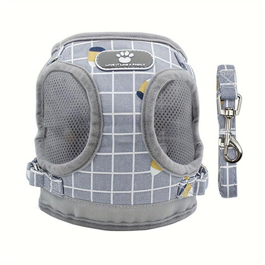 Adjustable Plaid Pattern Dog Harness Vest Set
