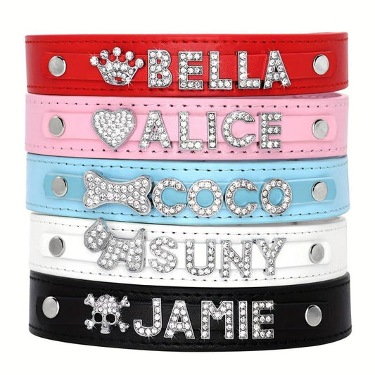 Personalized PU Leather Dog Collar with Rhinestone Heart, Star, ID Collars