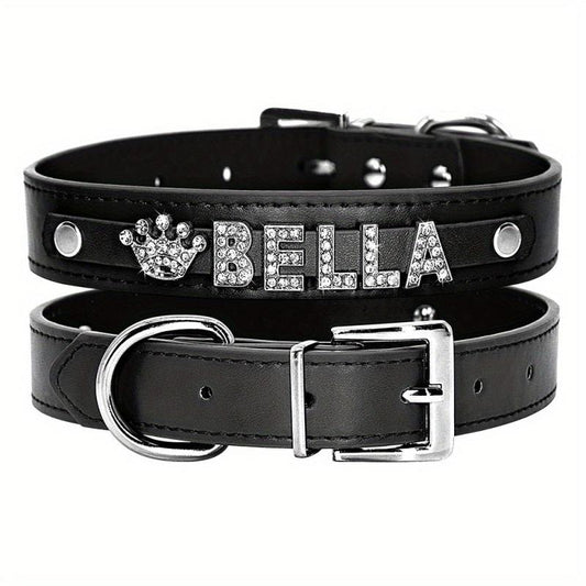 Personalized PU Leather Dog Collar with Rhinestone Heart, Star, ID Collars