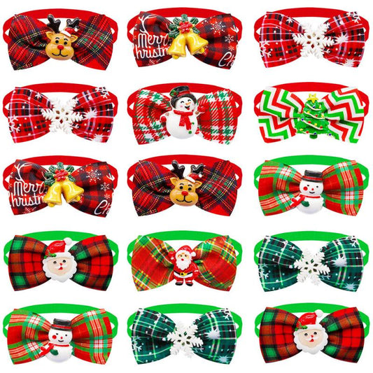 8pcs Christmas Bow Tie Collar Plaid Pet Bow Ties Adjustable Cat Dog Collars