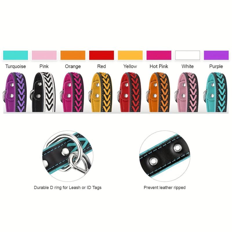Taglory Leather Dog Collar Braided Padded Collar Double D Rings