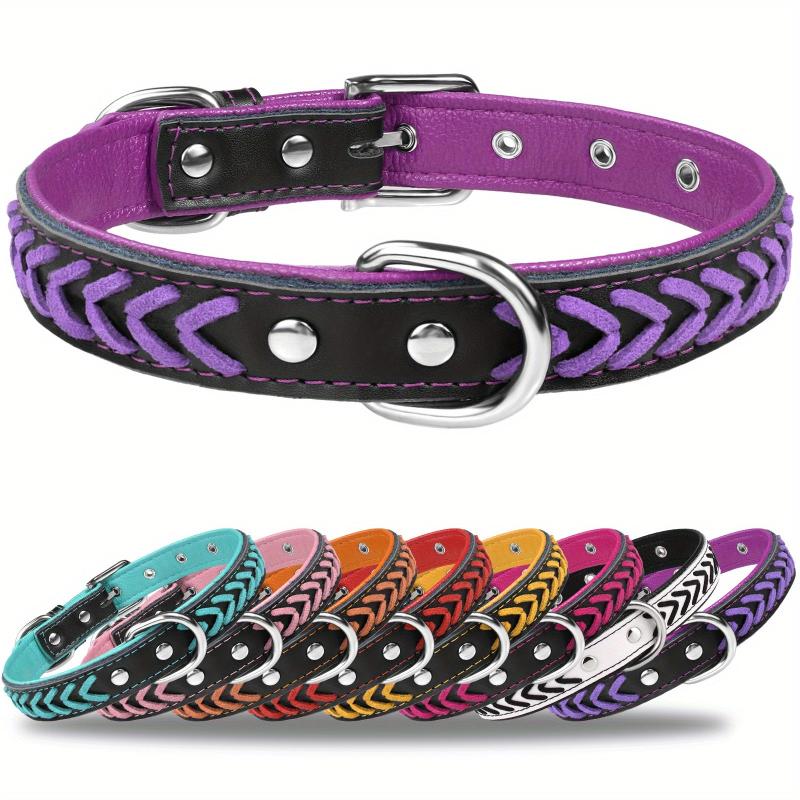 Taglory Leather Dog Collar Braided Padded Collar Double D Rings