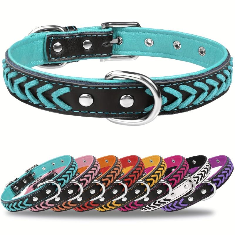Taglory Leather Dog Collar Braided Padded Collar Double D Rings