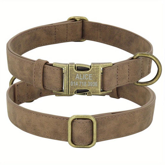 Personalized Leather Dog Collar with Name Plate, Quick Release Buckle