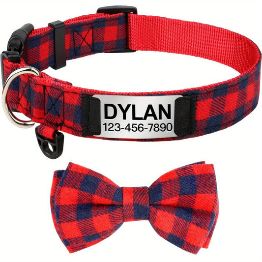 Plaid Bow Tie Dog Collar with ID Tag