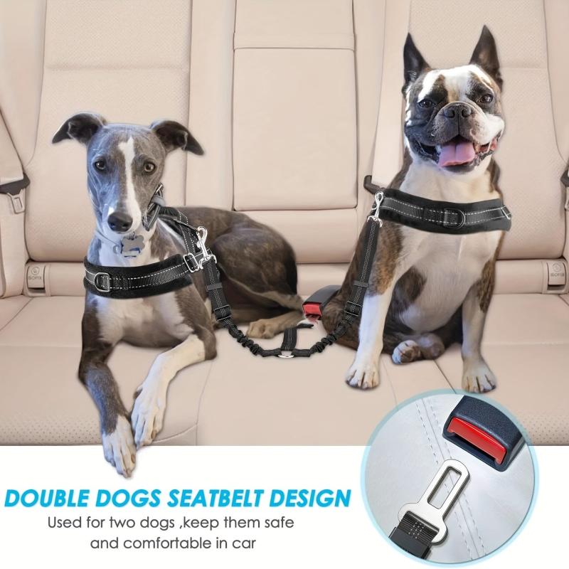 Double Dog Seatbelt w/ Elastic Bungee Buffer - Keep Pup Safe on Road
