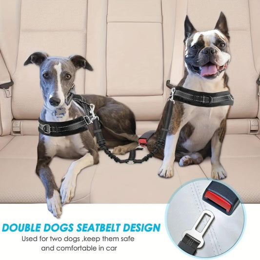 Double Dog Seatbelt w/ Elastic Bungee Buffer - Keep Pup Safe on Road