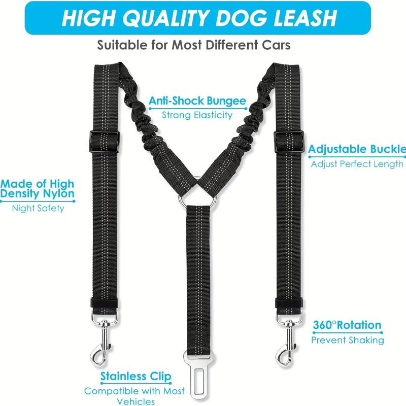 Double Dog Seatbelt w/ Elastic Bungee Buffer - Keep Pup Safe on Road